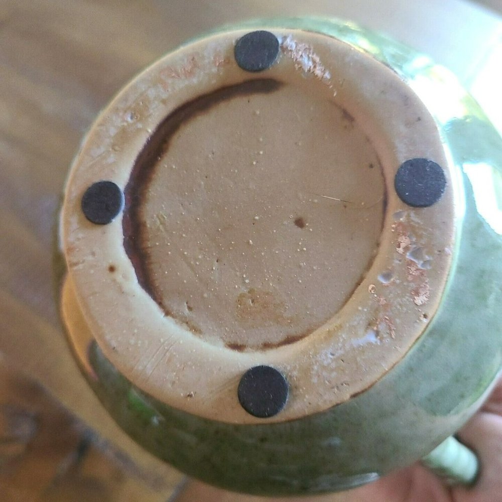 Artisan Pottery Art Vase Pitcher 3-D Flower Leaf Rope Look Handle Green Speckled - Picture 5 of 5